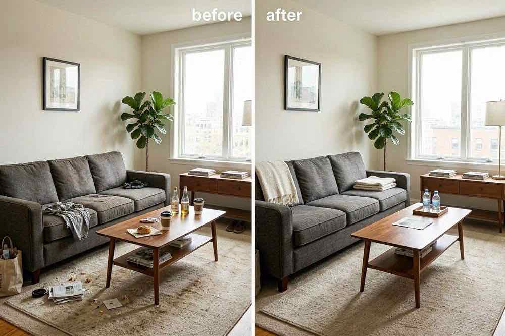 Airbnb living room before and after cleaning, Belfast