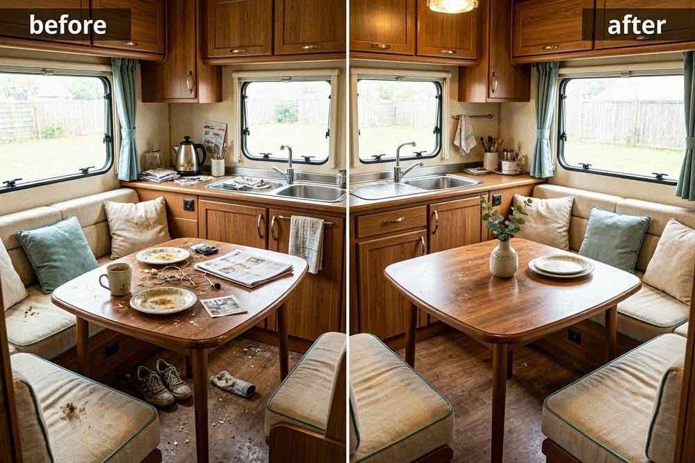 Caravan interior before and after cleaning, Belfast