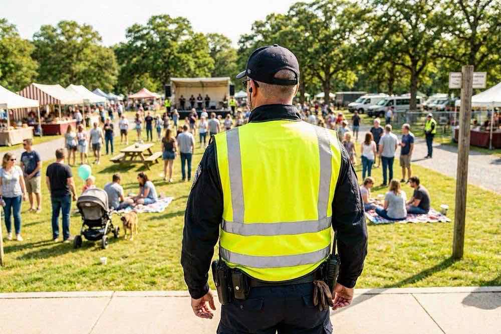 Event security guard overseeing a public event, Belfast