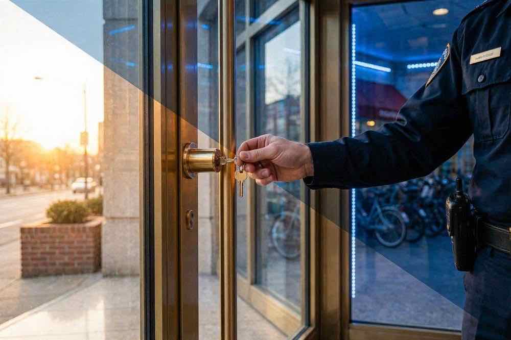 Security officer unlocking a commercial premises door, Belfast